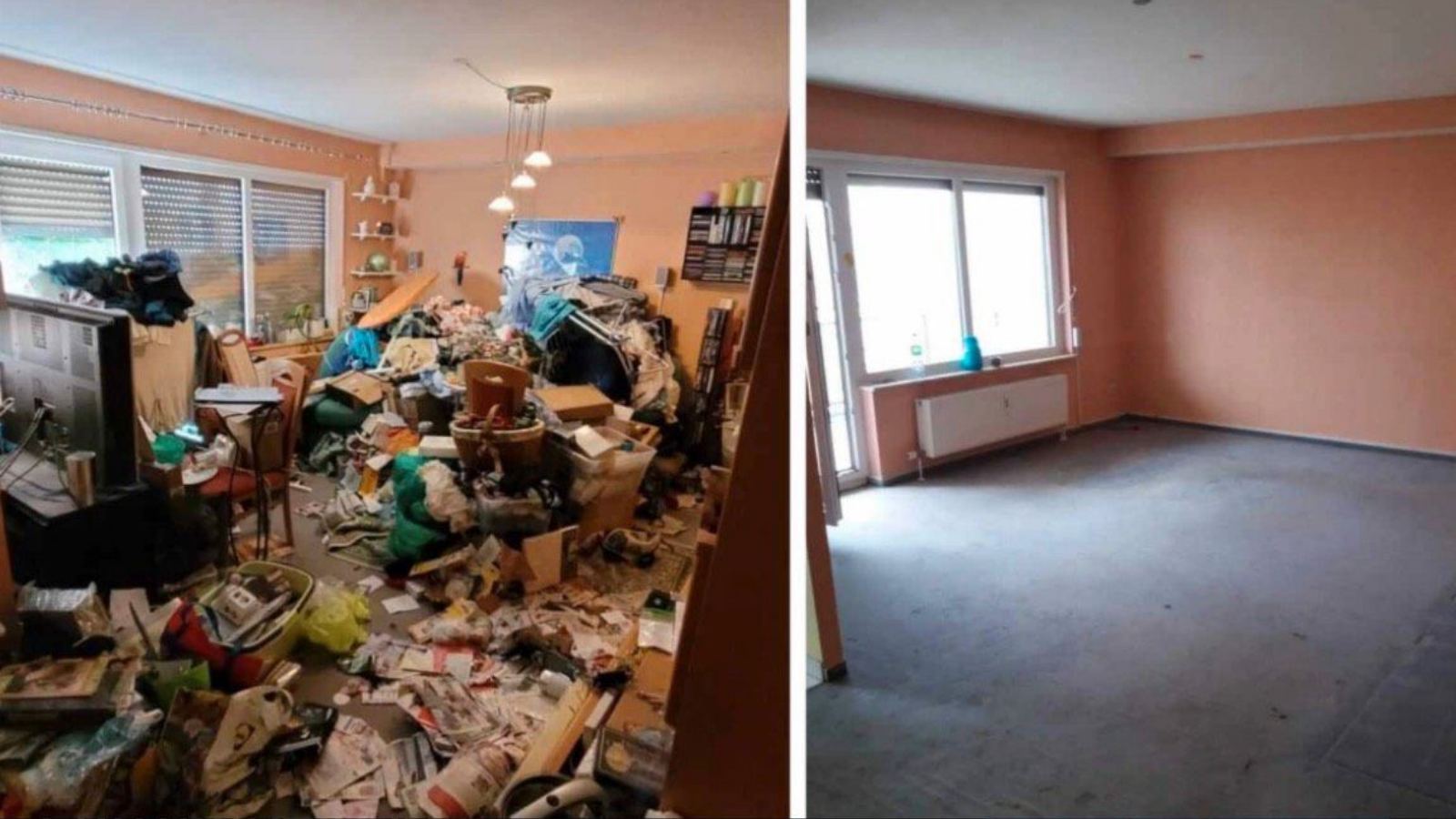 Vollgestellte Wohnung vor der Entrümpelung und derselbe Raum danach besenrein geräumt – Entrümpelung in Obertshausen